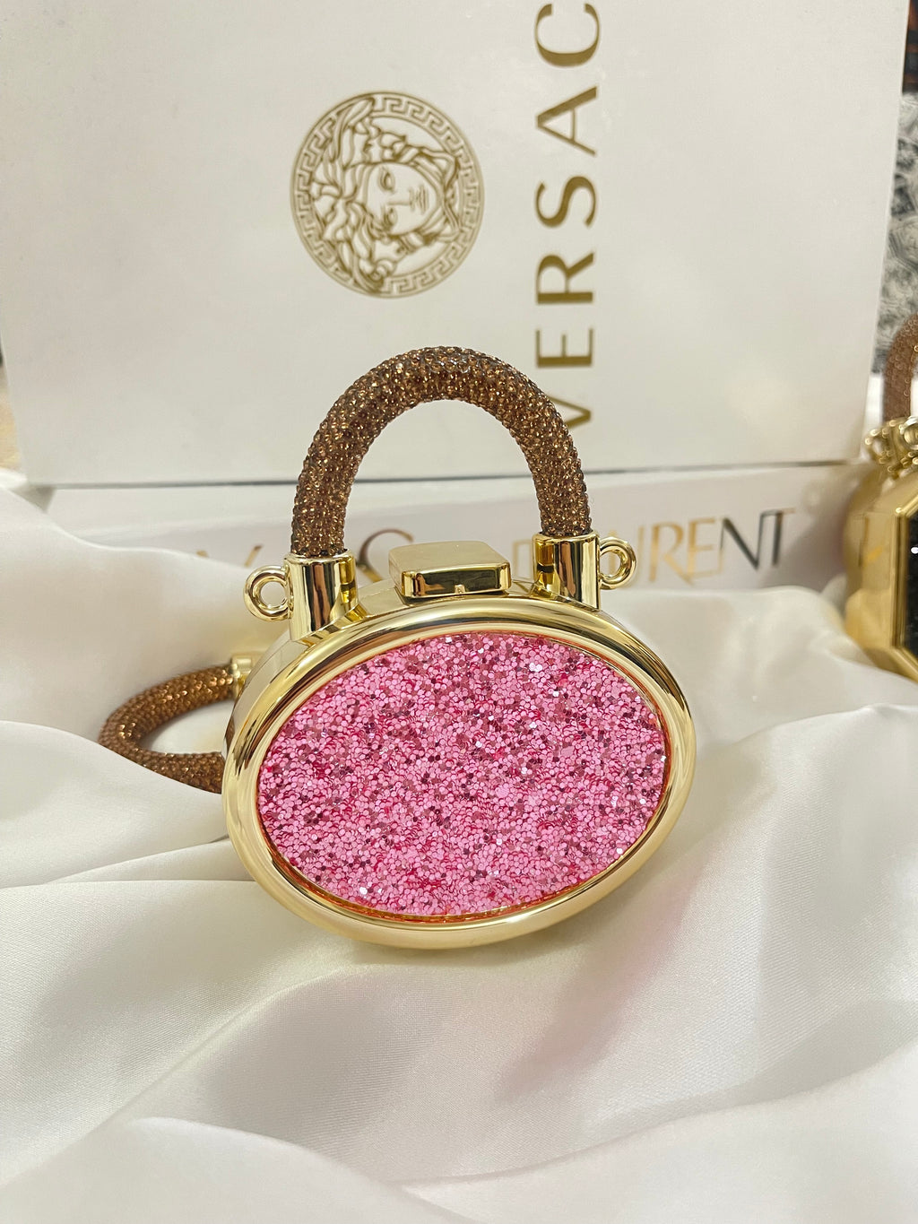 (Rose Pink) mini blingy acrylic evening clutch with metal handle